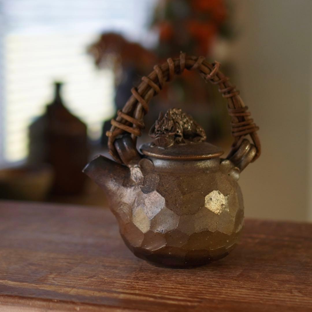 SNT727 備前焼 竹内靖之 造 龍摘み 籐手付き 面取り 土瓶 煎茶道具