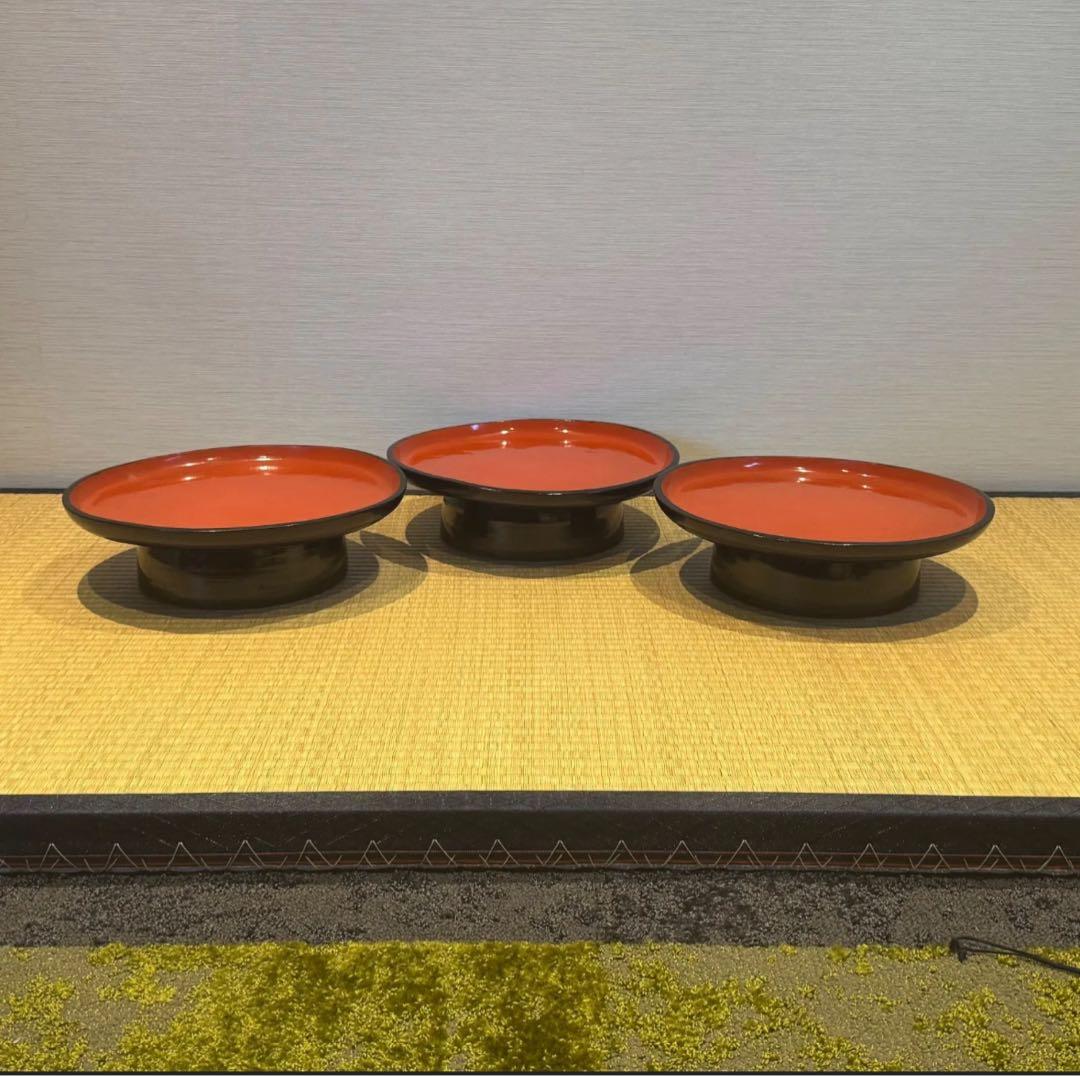 会津盆 3客 直径34.7cm 丸盆 高足膳 古民芸 煎茶盆 花台