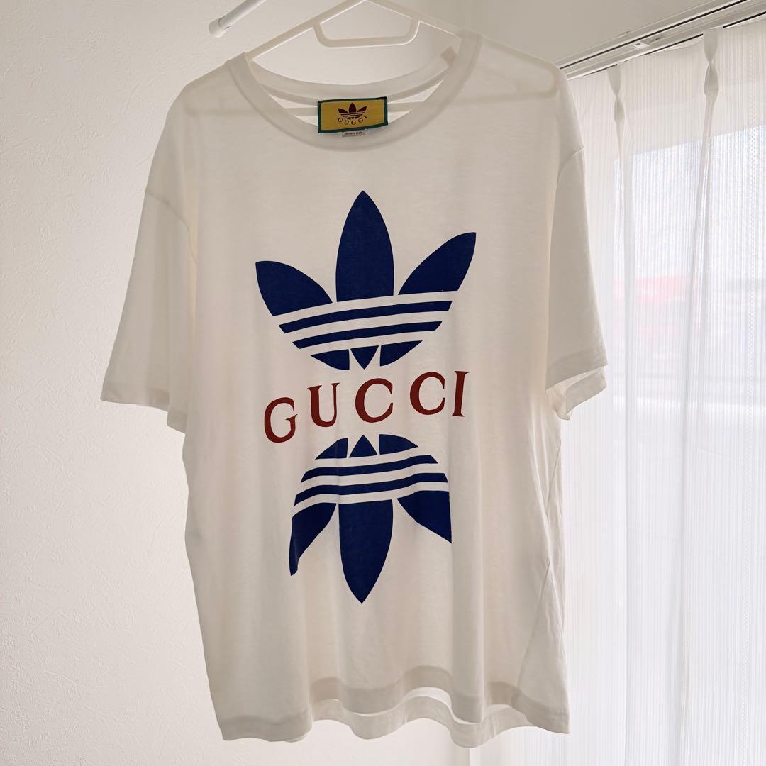 ⭐️正規品22AW GUCCI× adidas ロゴ Tシャツ 半袖 L白 中古♪