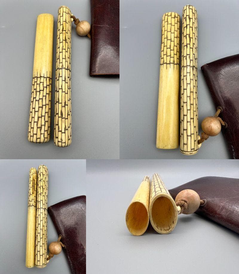 江戸明治時代　生肖図　金銀象嵌　極上骨製手彫キセル入れ　大玉根〆　銀製キセル