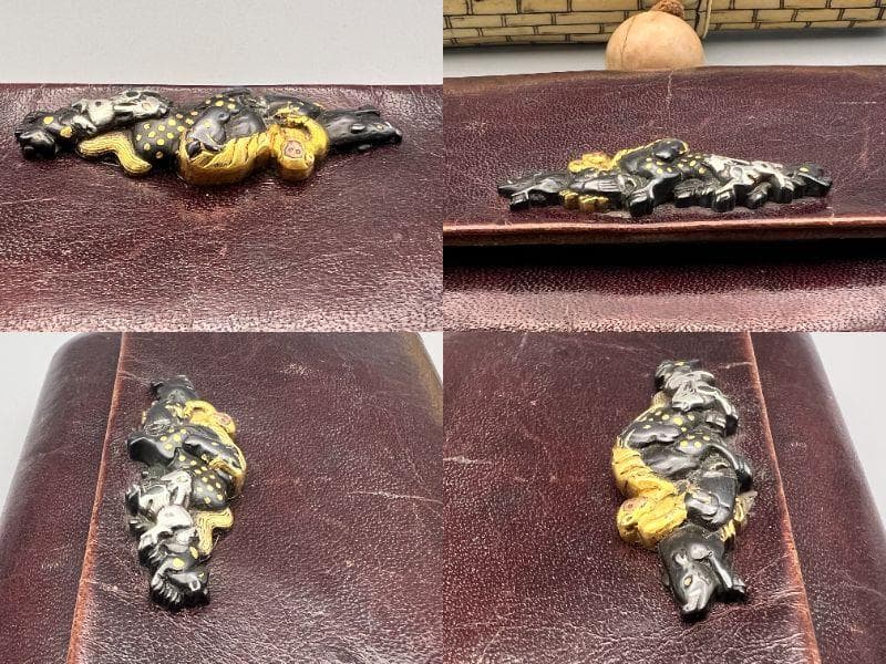 江戸明治時代　生肖図　金銀象嵌　極上骨製手彫キセル入れ　大玉根〆　銀製キセル