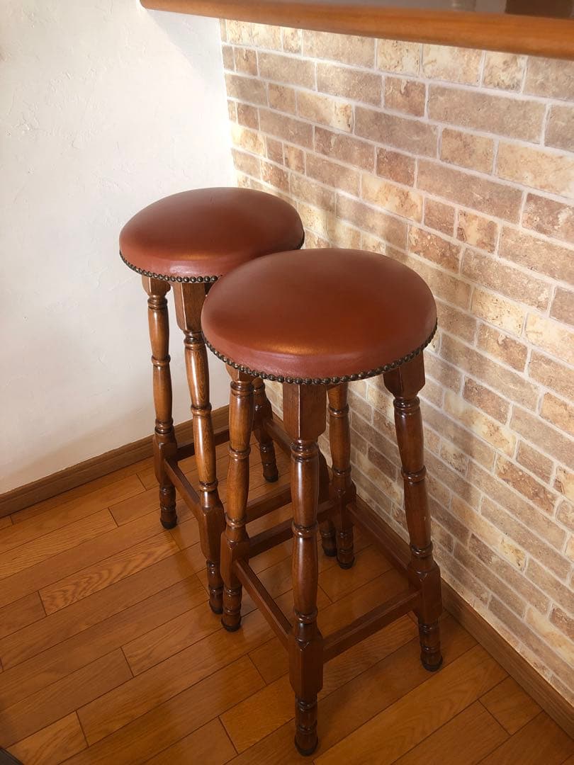 カウンターチェア　2脚セット　バー　ハイチェア　ハイスツール　アンティーク　木製