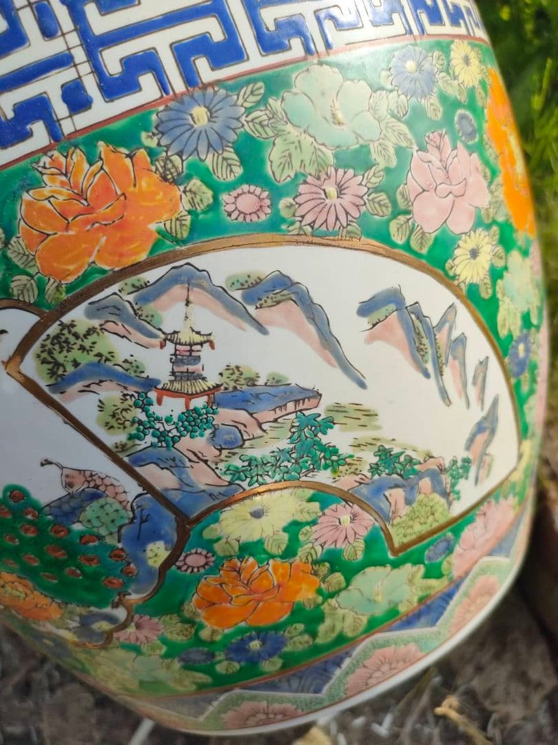 ★色絵 金襴手 火鉢　手焙 兎 孔雀 花鳥山水文 　古具