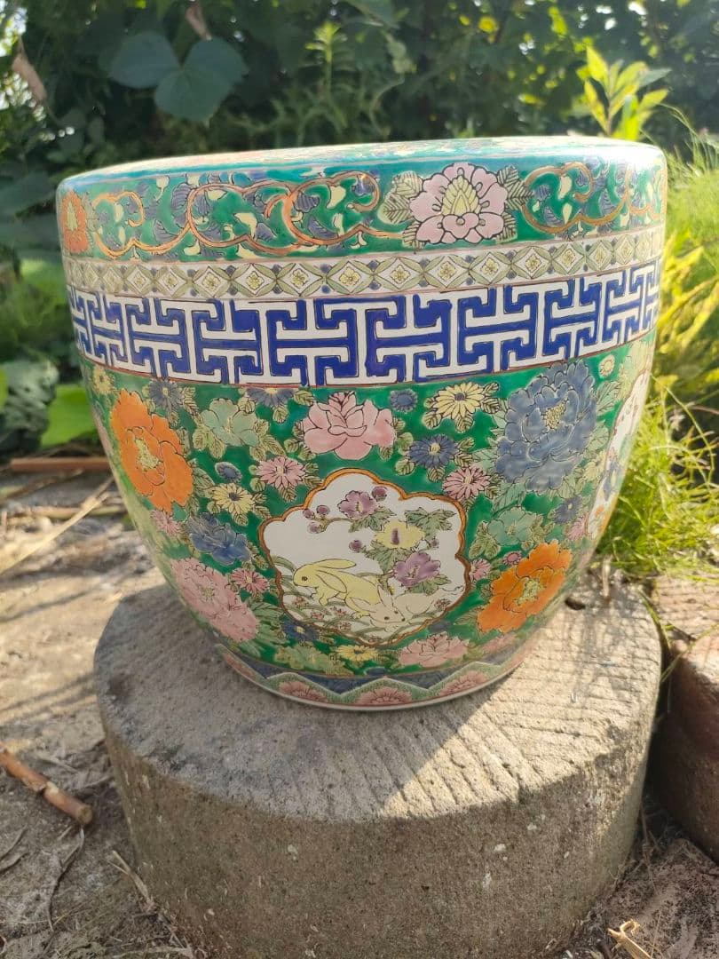 ★色絵 金襴手 火鉢　手焙 兎 孔雀 花鳥山水文 　古具