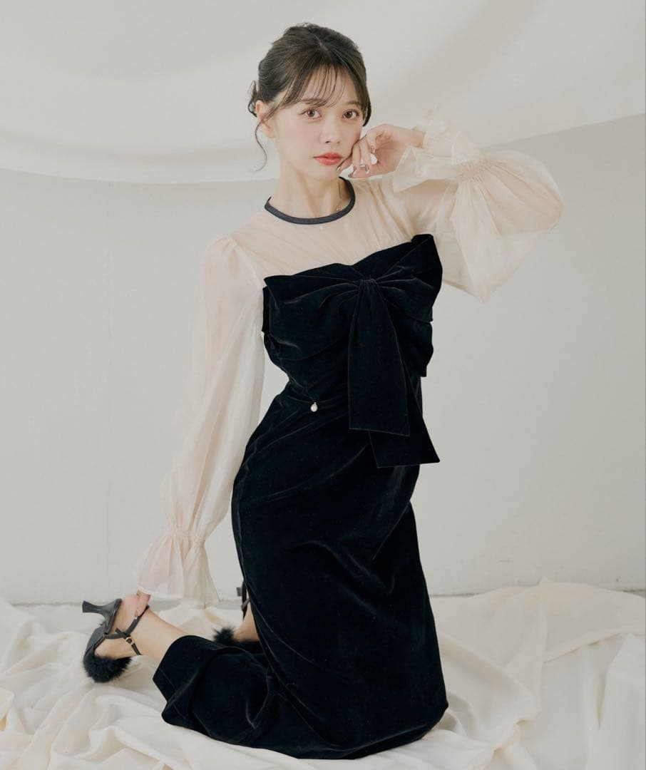 【SALON by Chico】配色シアーリボンベロアワンピース/オケージョン