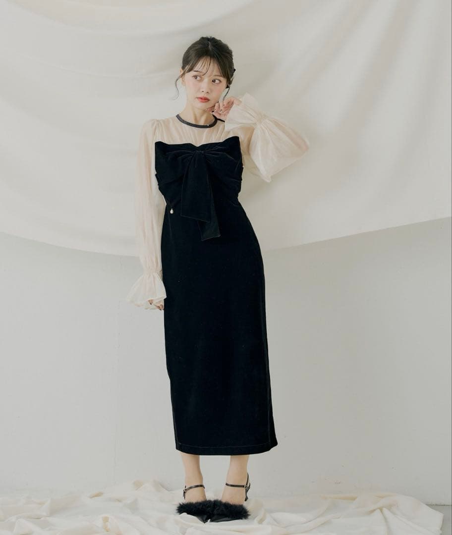 【SALON by Chico】配色シアーリボンベロアワンピース/オケージョン