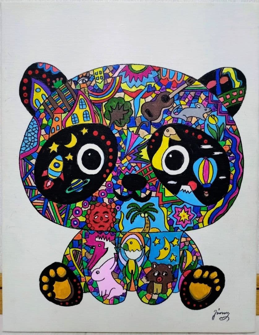 【F6号】ジミー大西【パンダ】手描き作品/表裏サイン/油彩/アクリル/絵画/額縁