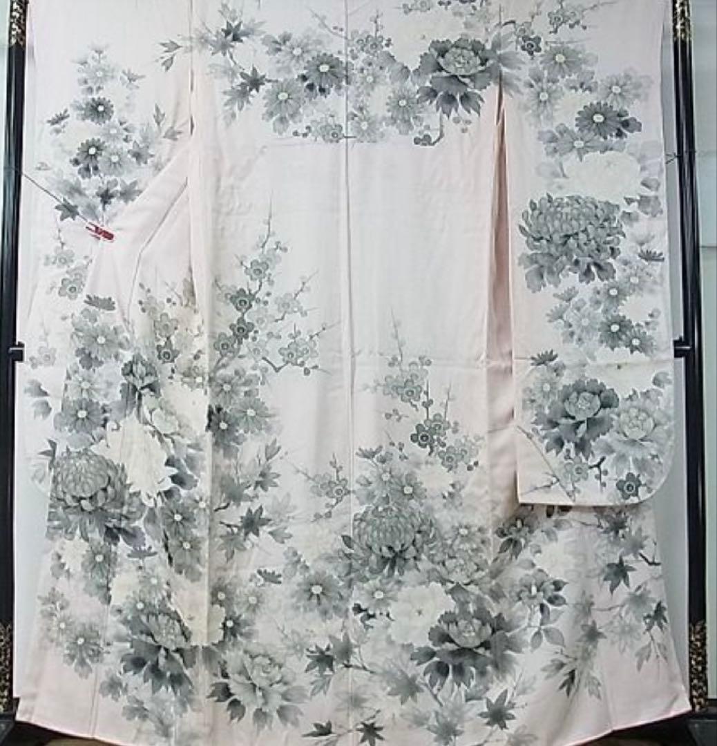 振袖フルセット　手書き草花紋　ベビーピンク