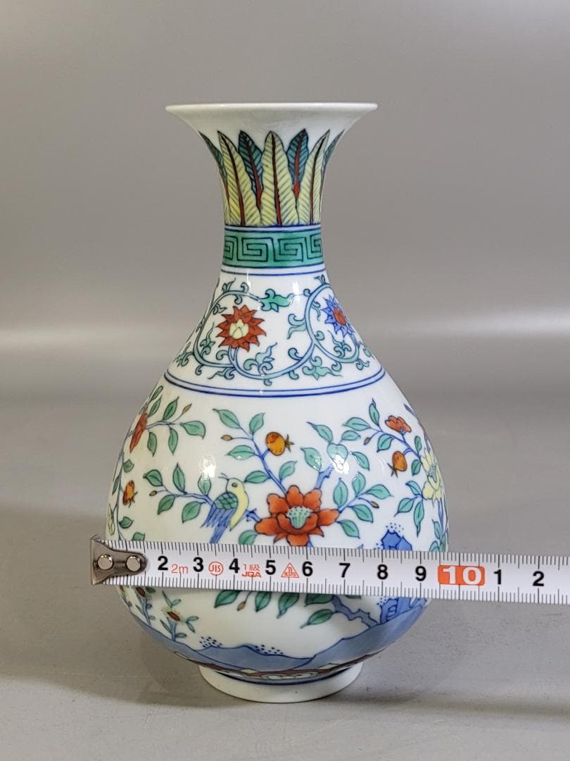 中国美術 色絵 花鳥模様 花瓶 高さ17.7cm DT402