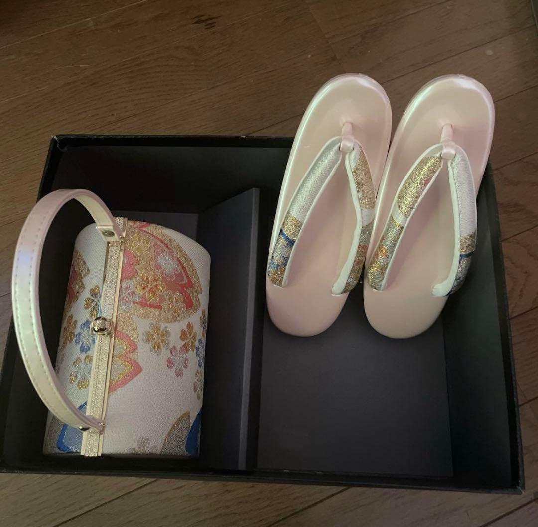 ピンク ホワイト 白 花柄 和装用バッグ、草履、髪飾りセット