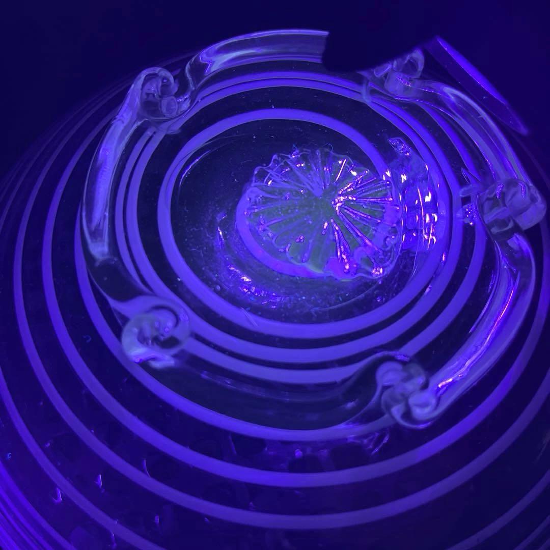 骨董　時代ガラス　瑠璃色フチ　希少　千段　糸巻き輪鉢　菓子器　氷コップ　ウラン②