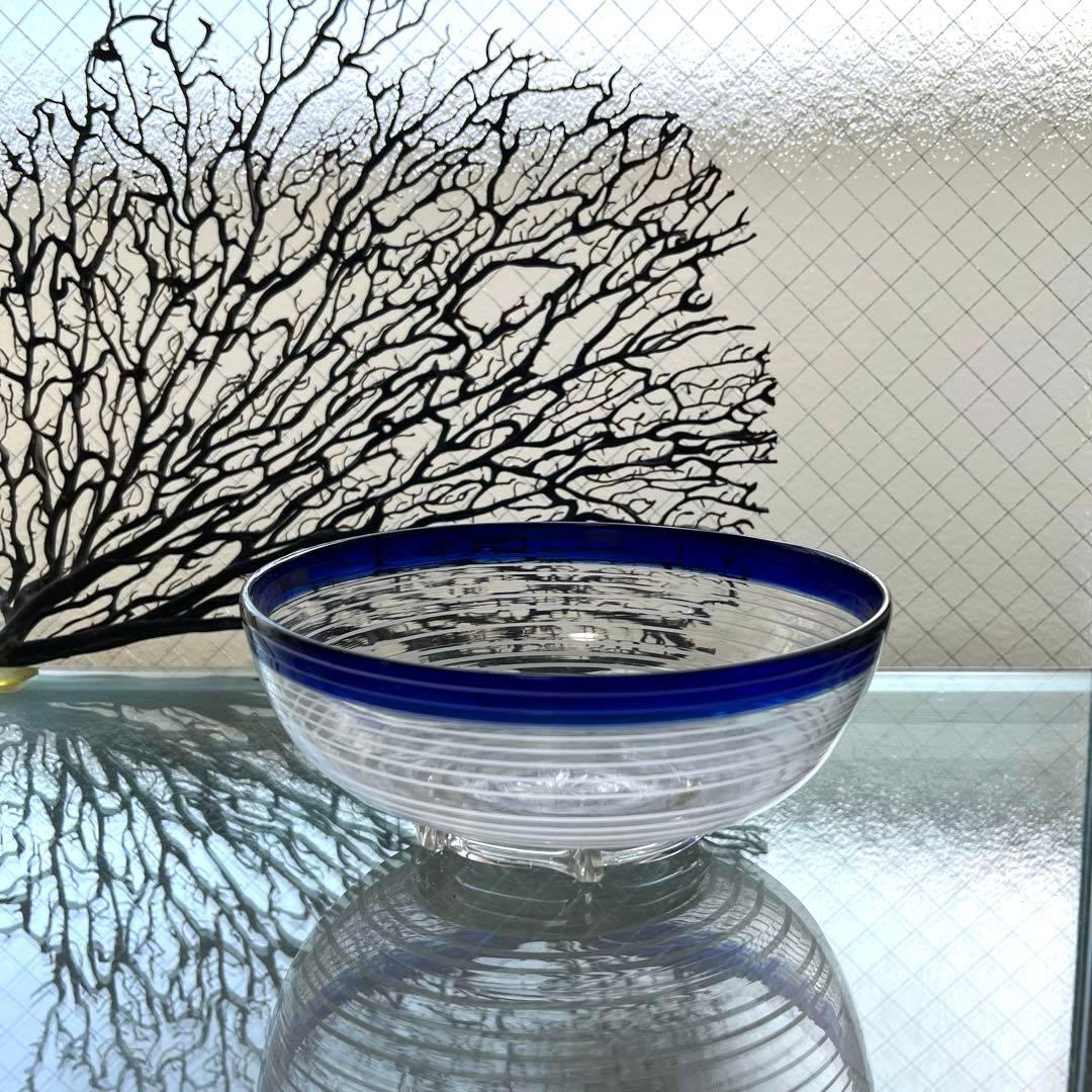 骨董　時代ガラス　瑠璃色フチ　希少　千段　糸巻き輪鉢　菓子器　氷コップ　ウラン②