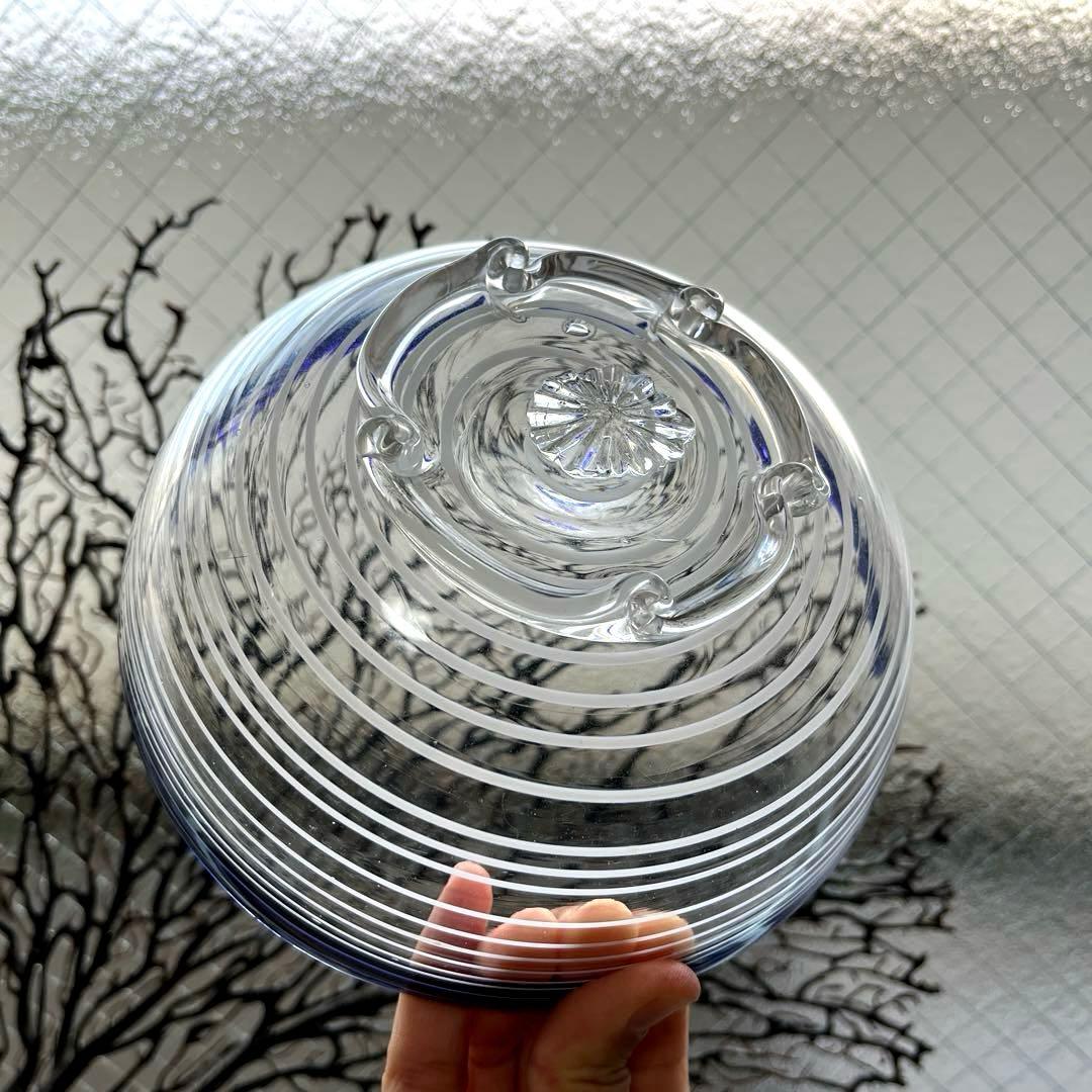 骨董　時代ガラス　瑠璃色フチ　希少　千段　糸巻き輪鉢　菓子器　氷コップ　ウラン②