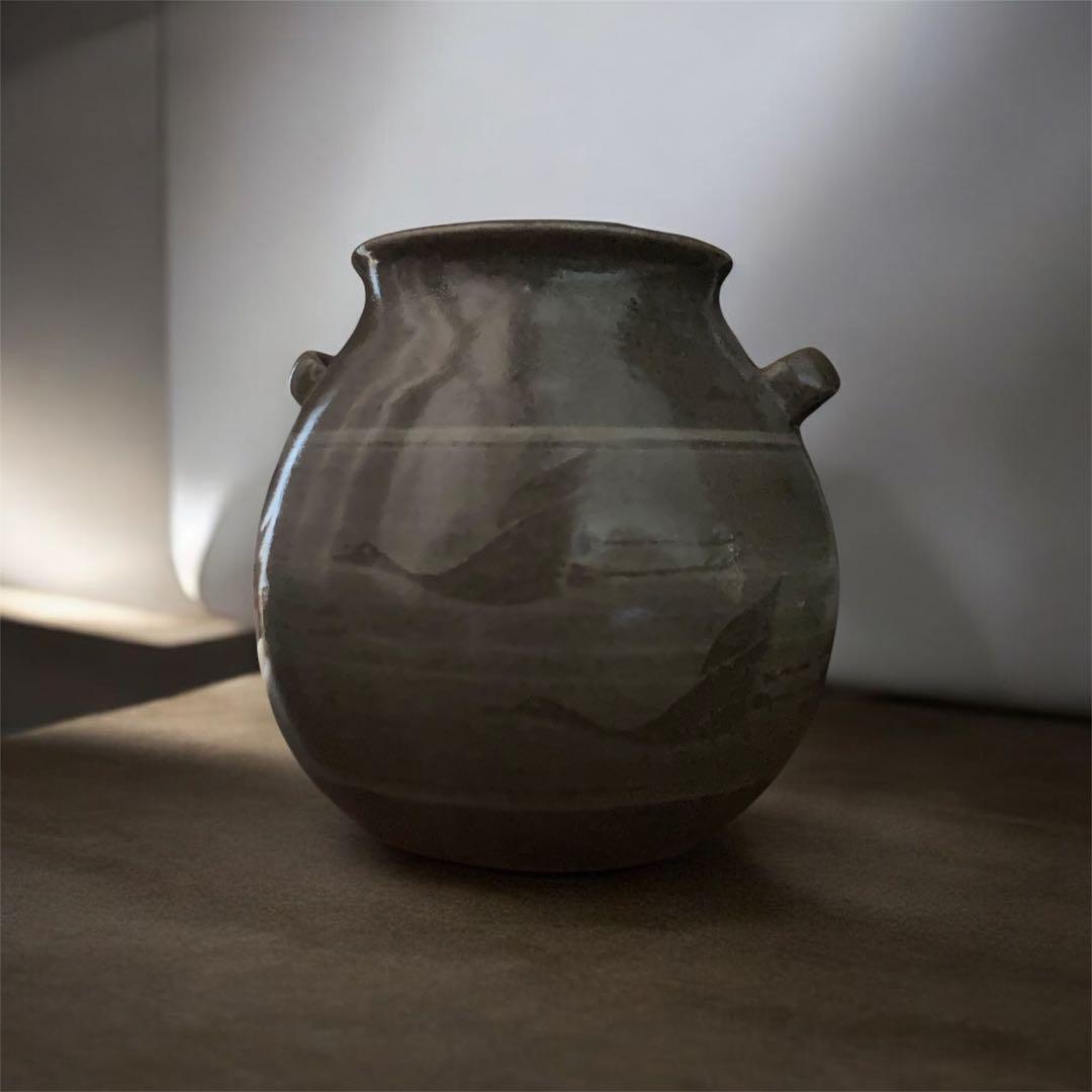 美品　唐津焼 宸山窯 鶴 壺 花器 木箱　共箱 久峰陶苑　送料無料　骨董　和風