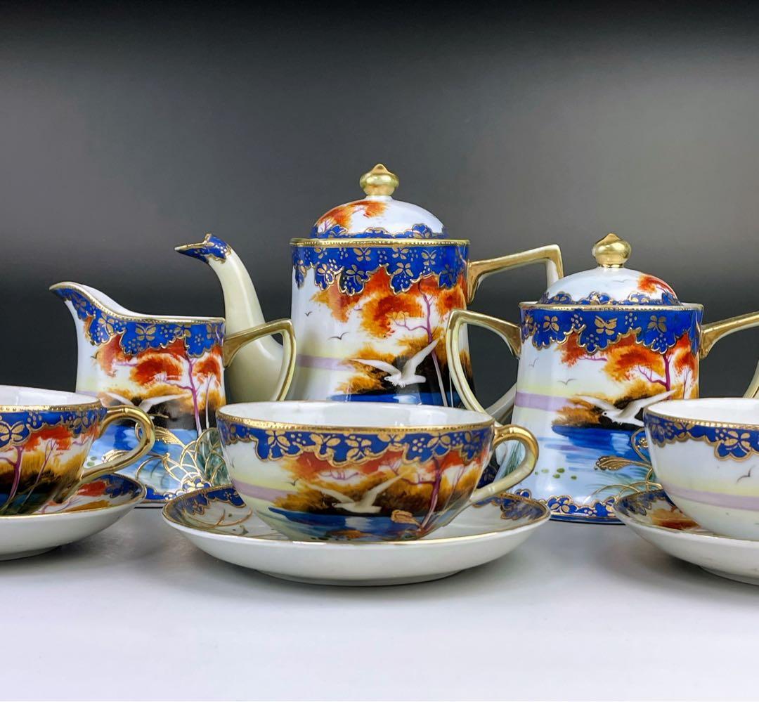 オールドニッポン カモメ 風景図 ティーカップ＆ソーサー アールヌーボー 金盛り