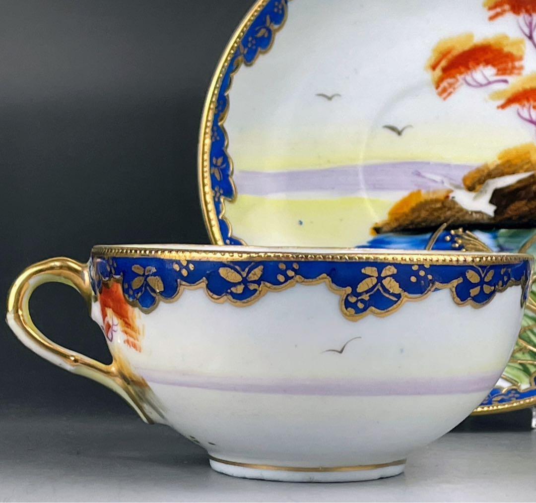 オールドニッポン カモメ 風景図 ティーカップ＆ソーサー アールヌーボー 金盛り