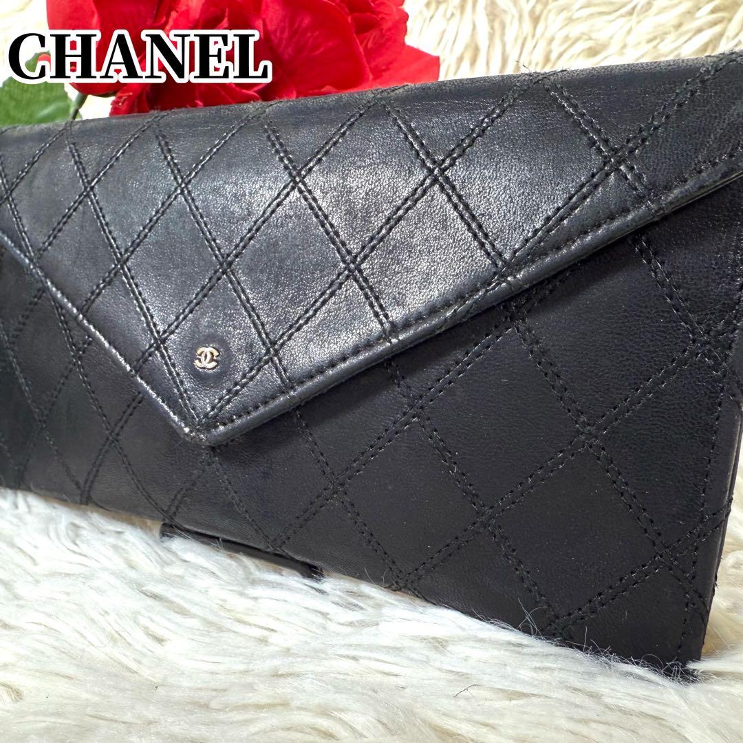 シャネル CHANEL ピコローレ 二つ折り長財布 キルティング 黒 レザー