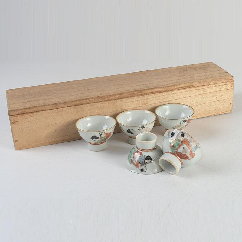 九谷焼　浮世絵　艶絵　春画　盃　五客　時代箱付　C　9238