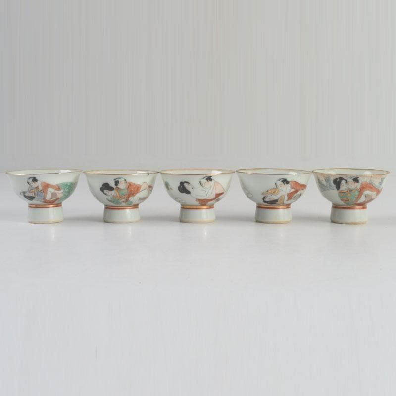 九谷焼　浮世絵　艶絵　春画　盃　五客　時代箱付　C　9238