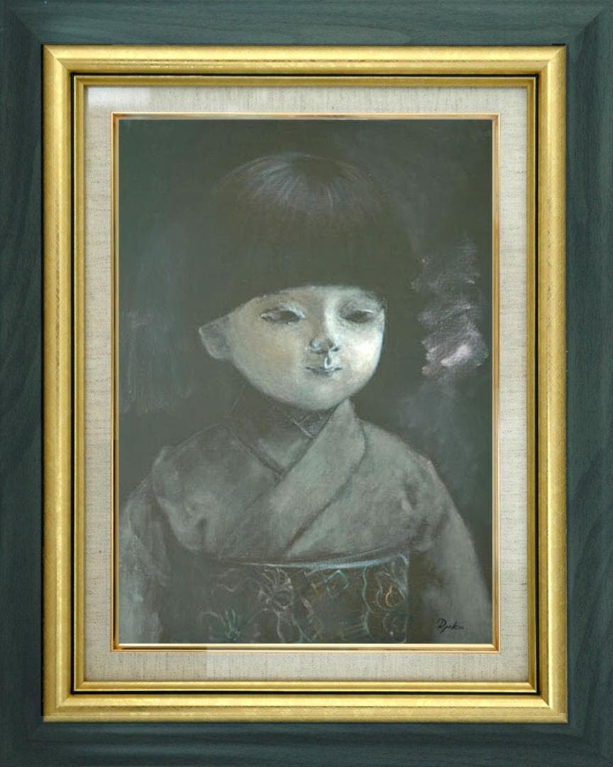 油絵 菅家令子 絵 絵画インテリアF6-080118 市松人形 日本人形 可愛い
