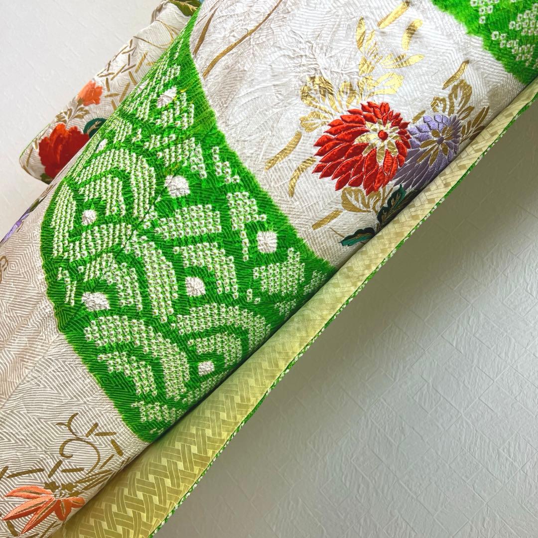 448 振袖フルセット 正絹 グリーン 黄緑 総刺繍 金彩 絞り レトロ 古風