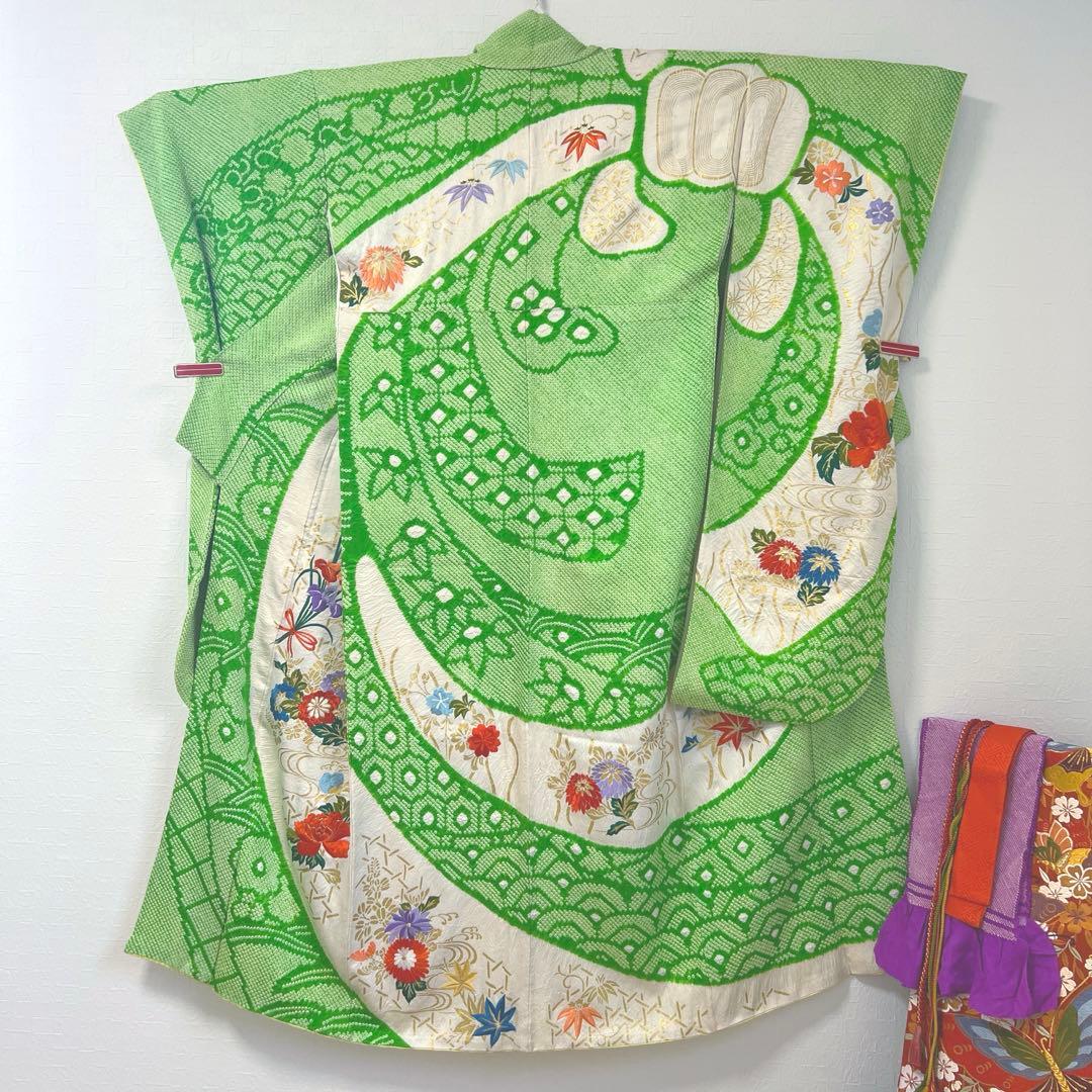 448 振袖フルセット 正絹 グリーン 黄緑 総刺繍 金彩 絞り レトロ 古風