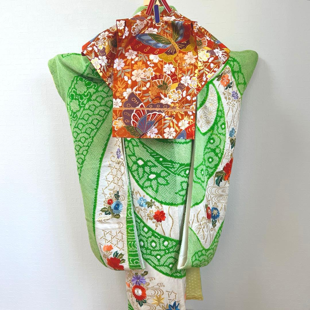 448 振袖フルセット 正絹 グリーン 黄緑 総刺繍 金彩 絞り レトロ 古風