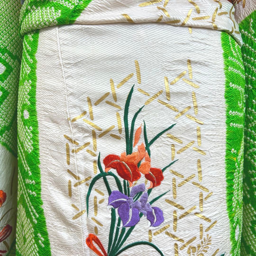 448 振袖フルセット 正絹 グリーン 黄緑 総刺繍 金彩 絞り レトロ 古風