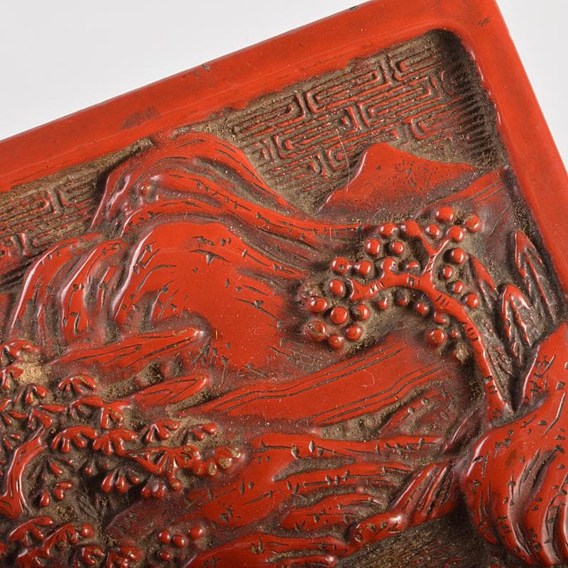 中国　剔紅　堆朱　山水文　四方香合　合わせ箱　M　R7056