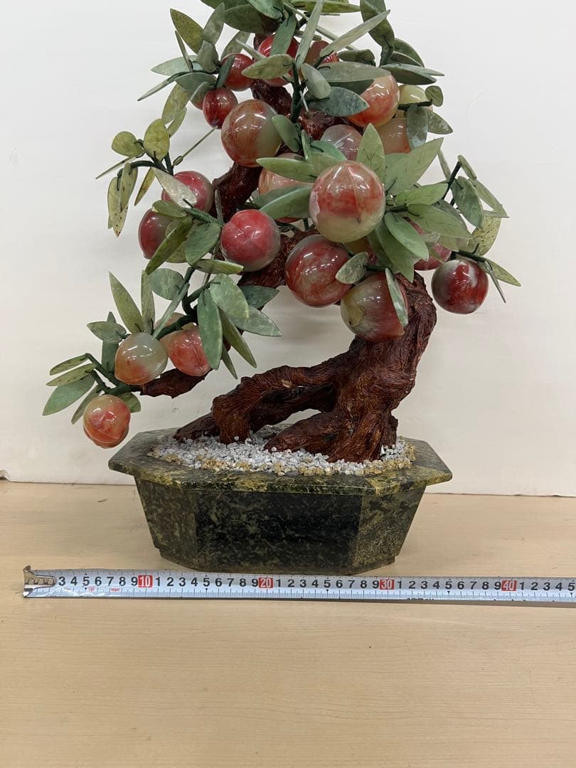 中国美術　桃樹玉石　桃木玉石盆栽　景泰藍　石細工彫刻　置物　縁起物