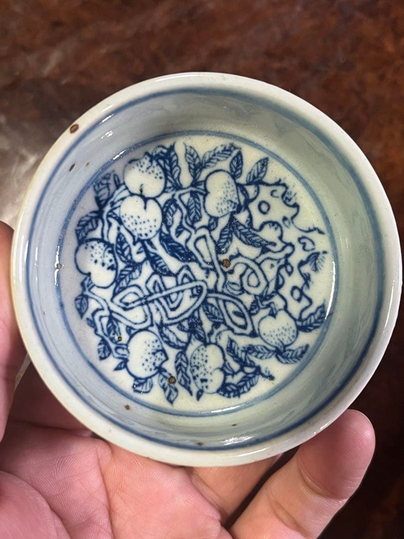 清朝　染付　景徳鎮　新渡　古染付　染め付け　民芸　民藝　骨董　桃　唐草　七宝