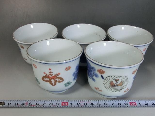 蕎麦猪口■伊万里 色絵 桐 鶴 菊 牡丹 5客セット 湯飲 骨董■