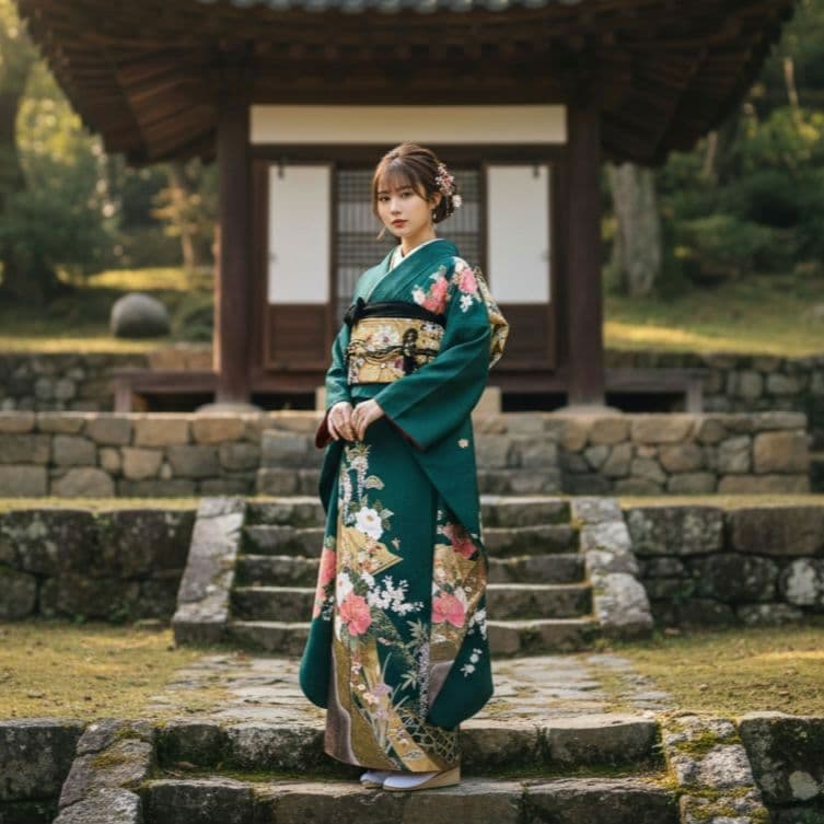 振袖フルセット(7点)・古典柄・金駒刺繍・金彩加工・宝尽くし・正絹