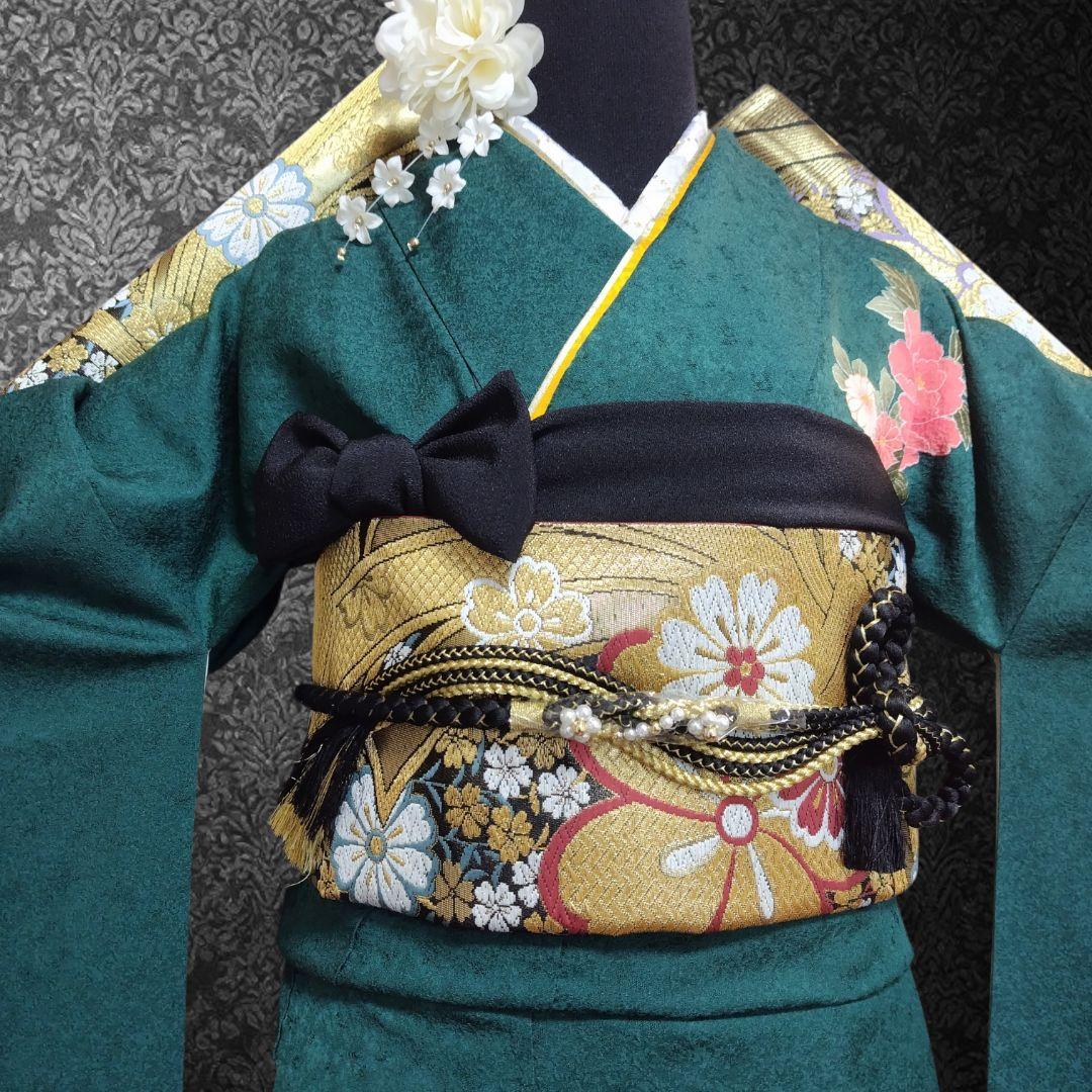 振袖フルセット(7点)・古典柄・金駒刺繍・金彩加工・宝尽くし・正絹