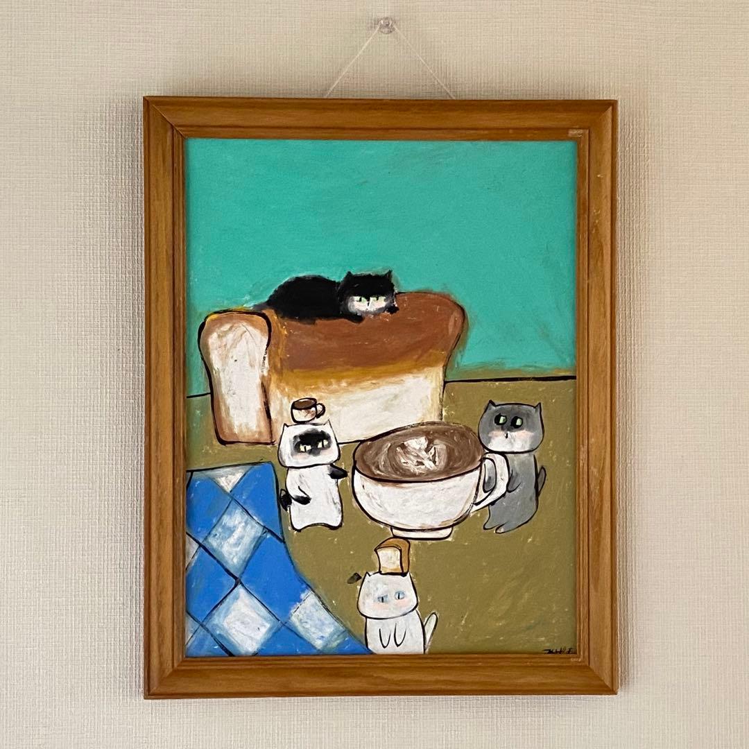 絵画。原画手描【週末、猫ちゃんたちのコーヒーとパンのパーティー】