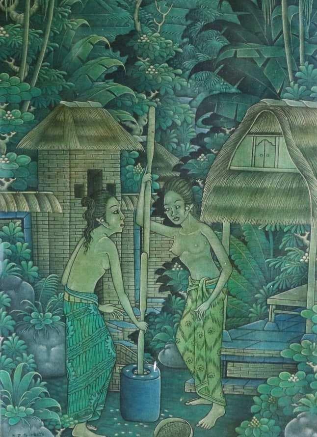 バリ クラシック 絵画 農村 米を作る2人の女性 ヴィンテージ70年代 希少品