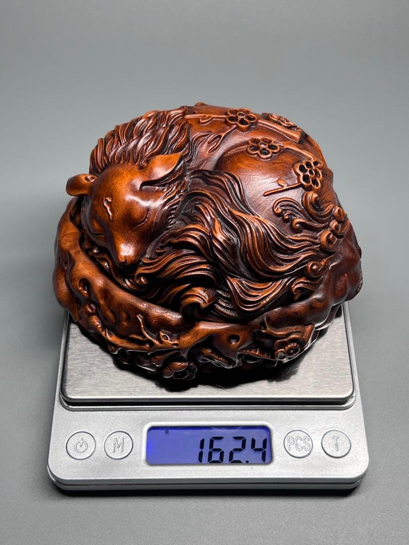 古美術　黄楊木　本物拓植　香炉　香道具　置物　九尾の狐　手作り　極細密彫　極美品