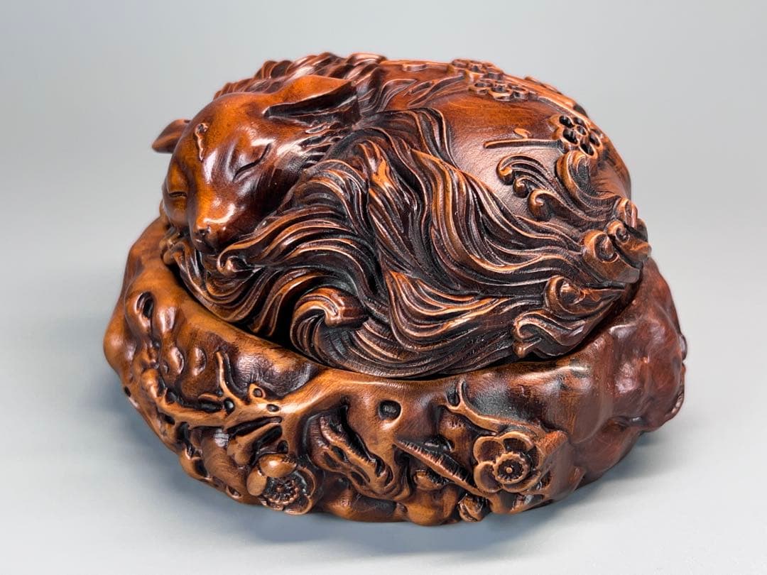 古美術　黄楊木　本物拓植　香炉　香道具　置物　九尾の狐　手作り　極細密彫　極美品