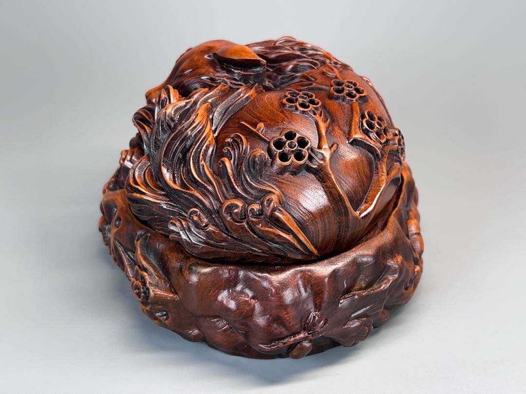 古美術　黄楊木　本物拓植　香炉　香道具　置物　九尾の狐　手作り　極細密彫　極美品