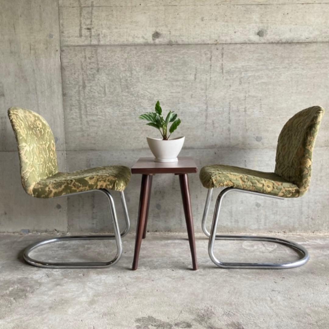 カンチレバー チェア 椅子 2脚 ビロード ジャガード 金華山 昭和 レトロ