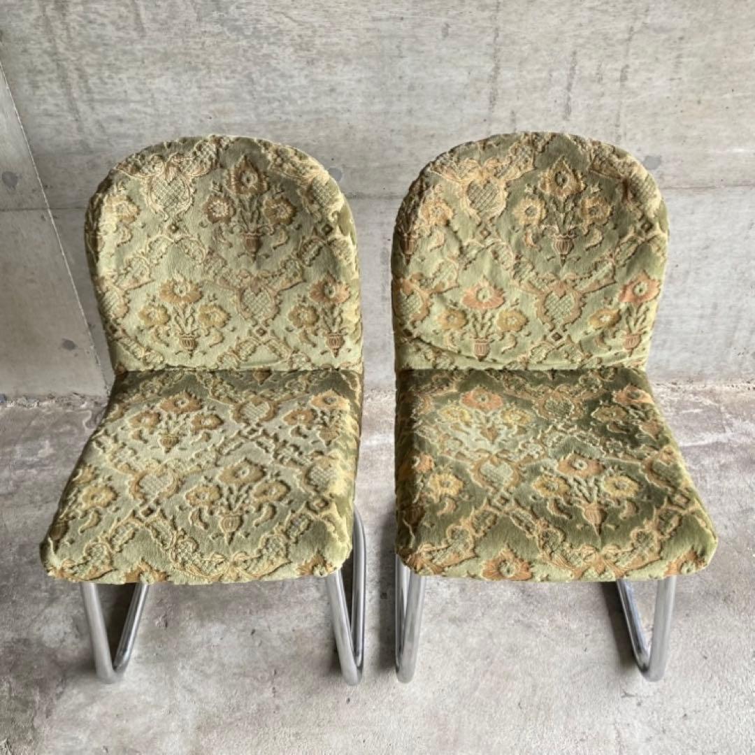 カンチレバー チェア 椅子 2脚 ビロード ジャガード 金華山 昭和 レトロ