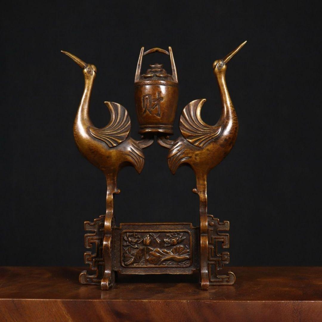 銅製 双鶴送財 茶室 執務室 書斎 応接間 玄関 招財 置物 装飾品 工芸品