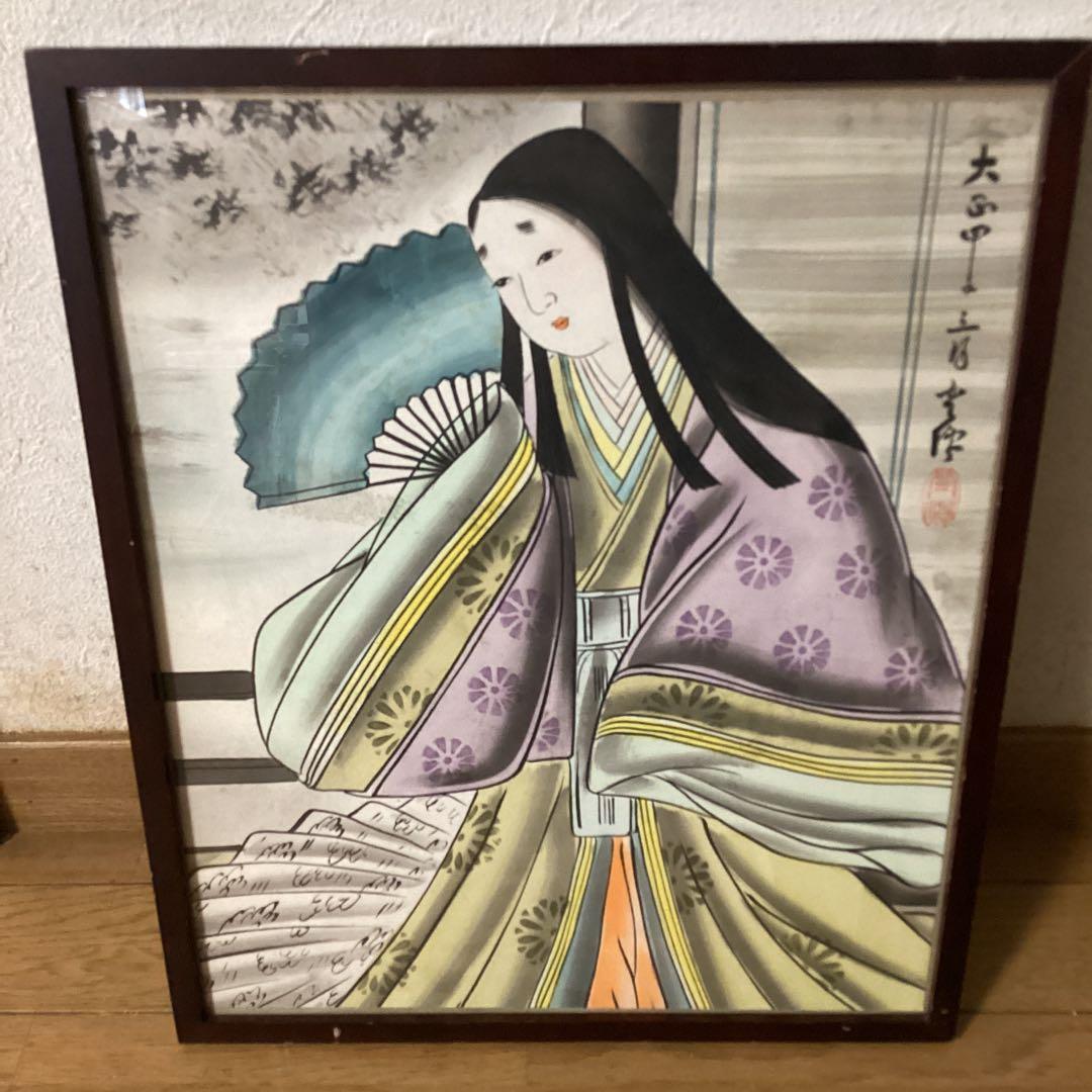 青柳琴僊　日本画【美人図】大正13年3月作品　木枠額装　落款印譜　模写　レア品