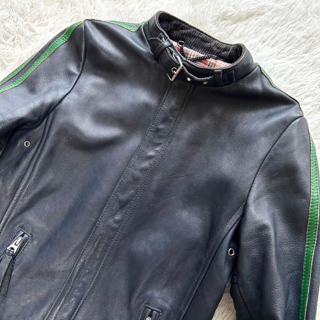 希少色　ショット　シングルライダースジャケット　牛革　グレーネイビー　S相当