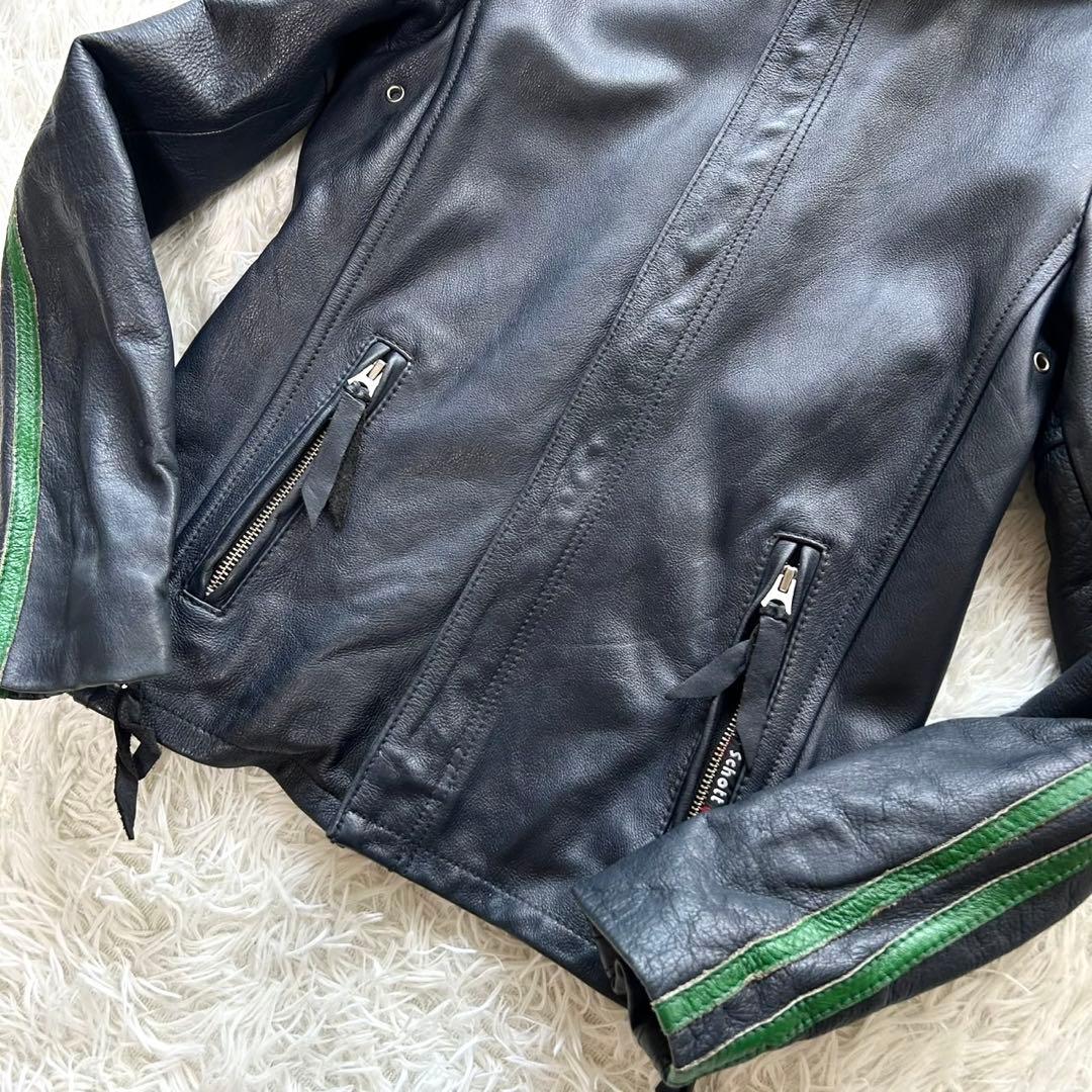 希少色　ショット　シングルライダースジャケット　牛革　グレーネイビー　S相当