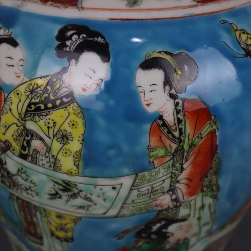 康熙藍地パステル人物将軍缶  景徳鎮 陶磁器 装飾品 現代工芸品 美術品 置物