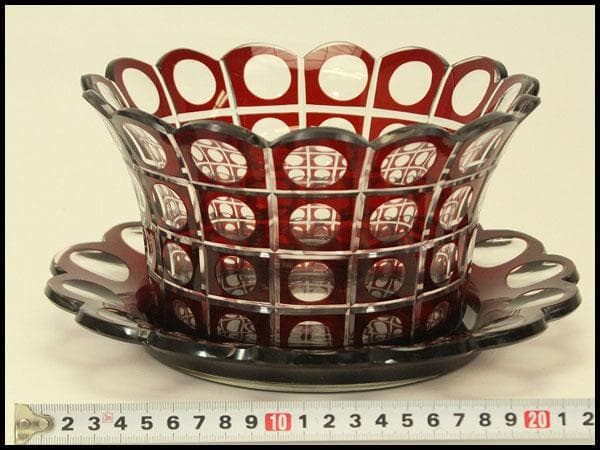 アンティーク 赤色被 切子 ガラス 器 台 トロ 大正-昭和(BB461)