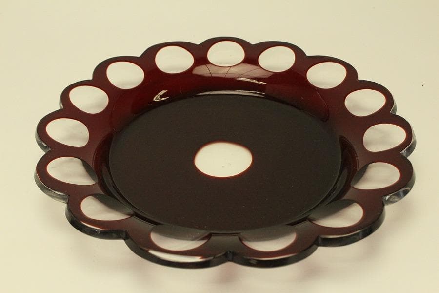 アンティーク 赤色被 切子 ガラス 器 台 トロ 大正-昭和(BB461)