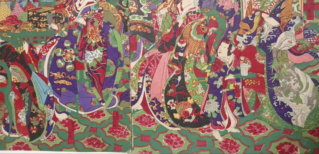 浮世絵版画、東京新吉原別品揃三枚綴り、橋本周延画明治11年1月出版