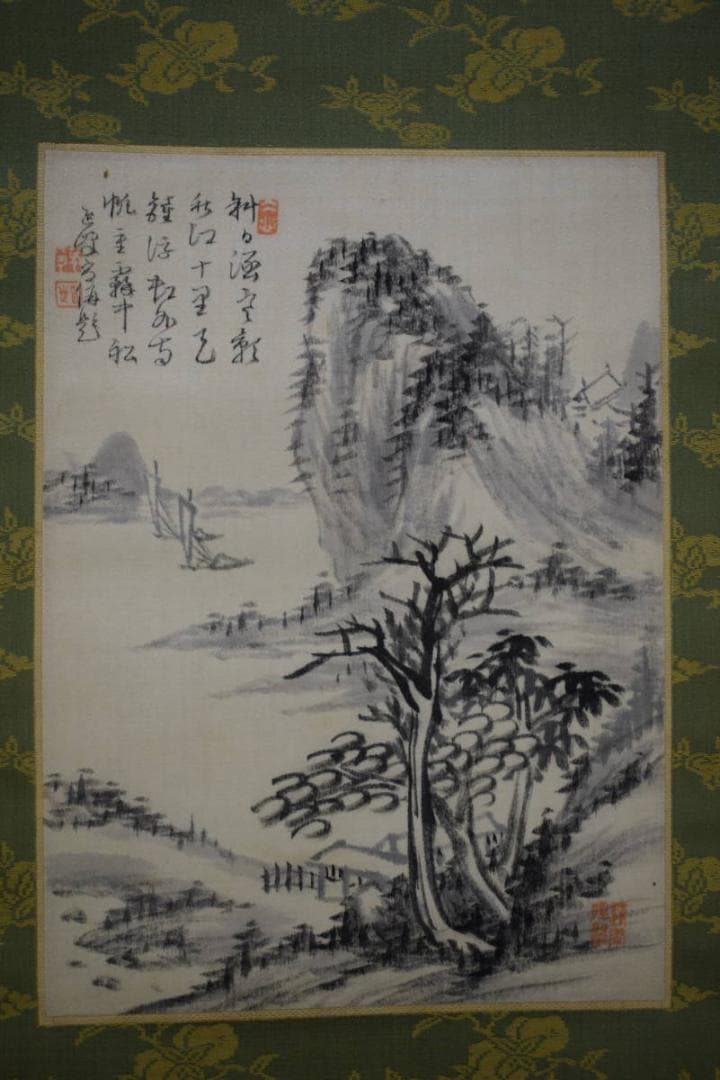 真作/名草逸峰/山水帆船画賛/軸先紫檀/桐極箱付/布袋屋掛軸HH-822